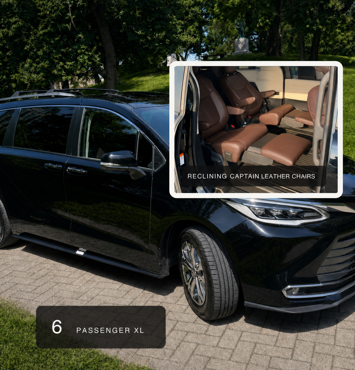 Black Platinum Edition Toyota Sienna Hybrid with reclining brown leather captain chairs