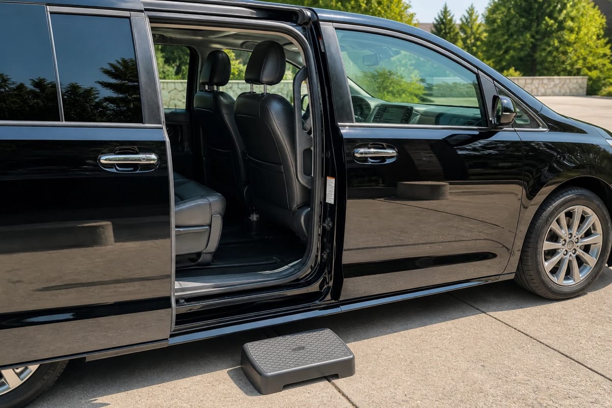 Open sliding door with an available step stool for easier passenger entry